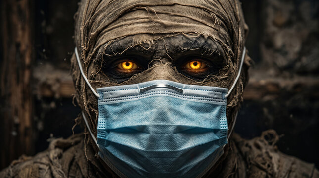 Macro Close-Up Portrait of an Ancient Mummy Wearing a Modern Medical Face Mask Halloween
