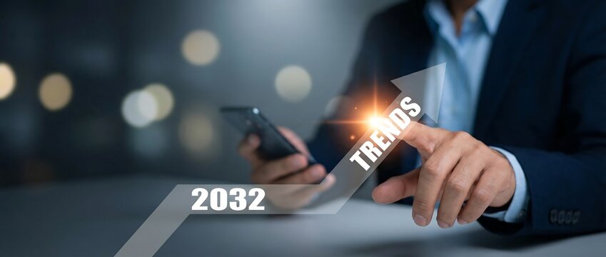 Businessman pointing at futuristic 2032 trends growth arrow chart floating over office desk