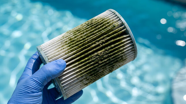 Close-up of a hand in a blue nitrile glove holding a dirty swimming pool cartridge filter covered in green algae and sand against a background of sparkling blue water for maintenance.