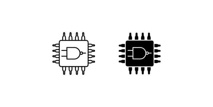 Integrated circuit chip icon set with logic gate diagram for hardware engineering computer electronic components.
