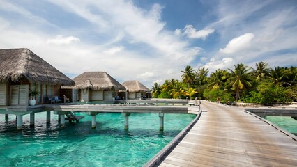Fototapeta premium Tropical Overwater Bungalows with Palm Trees over Turquoise Ocean Waters