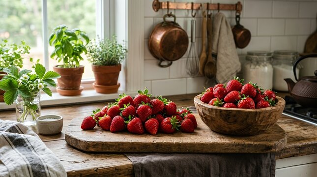 Freshly Picked Red Strawberries Arranged Elaborately on Rustic Wooden Cutting Board and Matching Bowl Inside Cozy Home Kitchen Background strawberry ripe fruit wooden cutting board bowl kitchen fresh