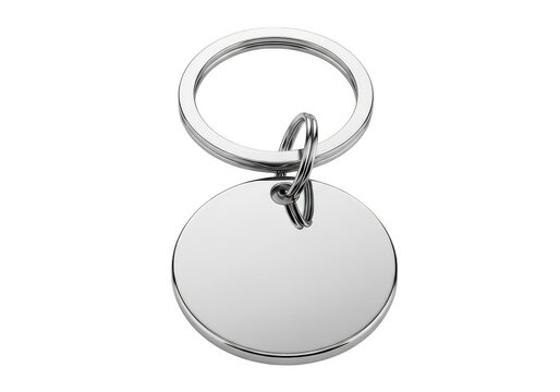 Blank round metal keychain with silver key ring isolated on transparent background