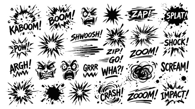 A vibrant collection of dynamic comic book sound effects and expressive cartoon faces illustrating action and dramatic moments