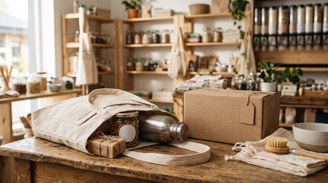 Zero waste shopping items in a sustainable bulk grocery store