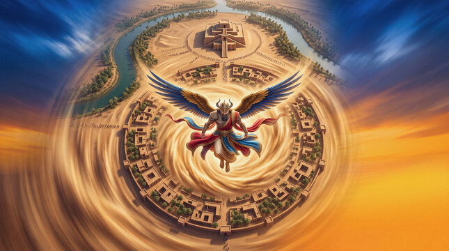 Anunnaki god with wings descending over ancient Mesopotamian city and ziggurat