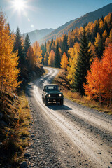 Naklejka premium Offroad vehicle climbs dusty gravel road winding through autumn mountain woods. Sunlight shines bright over fall foliage colors creating adventure scene.