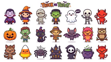 Fototapeta premium Set of cute hand drawn halloween characters and festive icons including monsters ghosts pumpkins and spooky elements for seasonal decoration