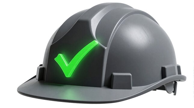Grey hard hat with glowing green check mark symbol. Safety equipment represents compliance, quality control in construction industry. Icon signifies approved work, security, successful project