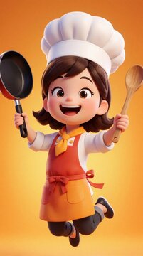 Cheerful cartoon girl chef jumps with frying pan and wooden spoon. Joyful cook in apron and toque celebrates culinary success. Fun food, cooking, kitchen scene.