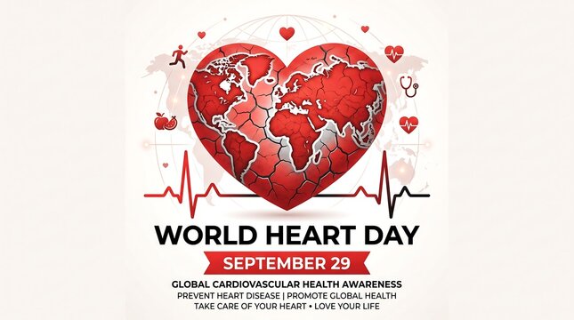 World Heart Day poster with red globe heart, global cardiovascular health awareness concept, September 29 medical campaign graphic