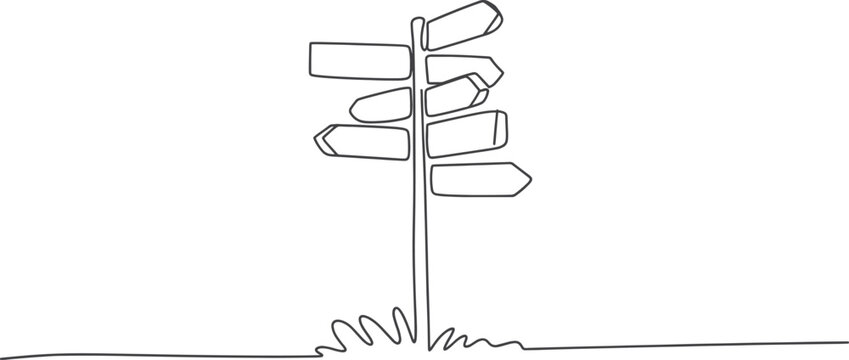Continuous line drawing of a signpost with multiple blank directional signs