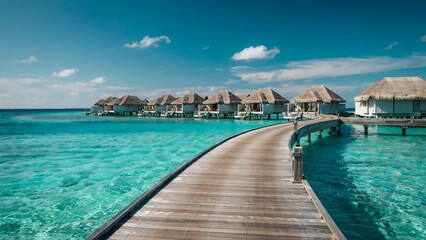 Fototapeta premium Serene Tropical Overwater Bungalows with Wooden Walkway over Turquoise Ocean
