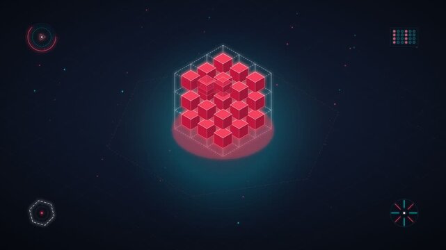Futuristic isometric cube grid with glowing red blocks in Isometric Bio Printed Tissue Scaffold