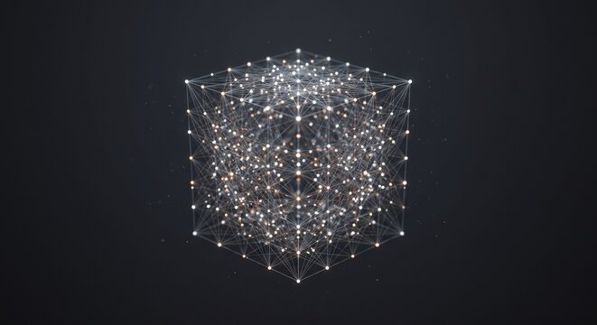 3D Geometric Neural Network Cube with Glowing Data Nodes, Artificial Intelligence and Big Data Concept