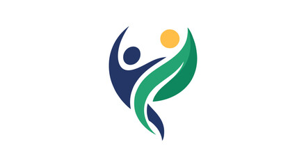 Fototapeta premium minimalist icon showing a human figure transforming into an upward leaf or growth shape, symbolic personal development concept, emerald, navy and warm yellow palette, premium vector logo, flat design,