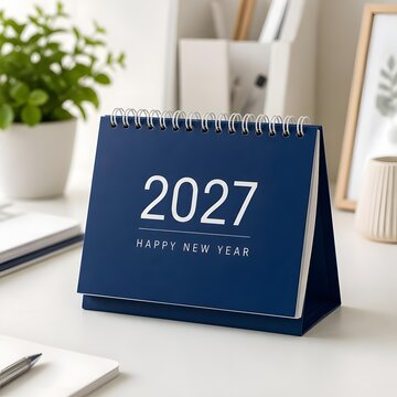Blue desk calendar for year 2027 with happy new year text standing on a clean office table with a green plant in the background for business planning and holiday season celebration