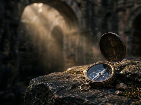 Antique brass compass on a stone surface with ancient stone arches in the background