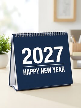 A blue desk calendar for the year 2027 with happy new year text sitting on a table in a bright home office setting
