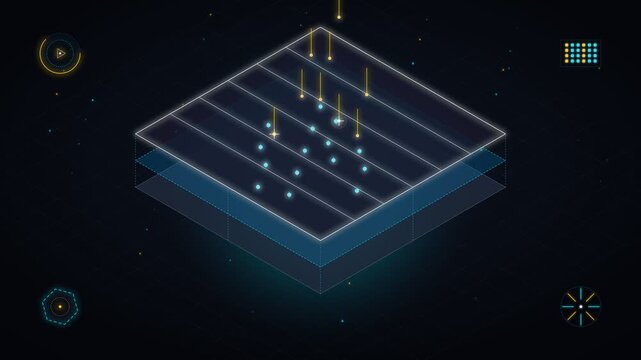 Abstract digital data visualization with glowing grid and metrics in futuristic interface