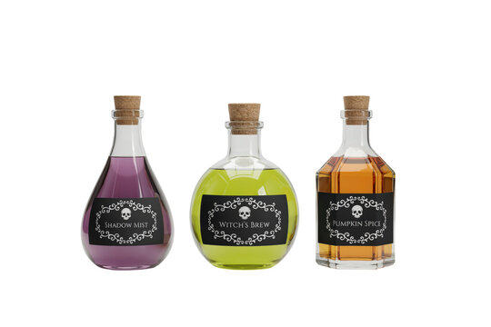 Three glass bottles filled with colored potions and skull labels for halloween decorations isolated on a transparent background