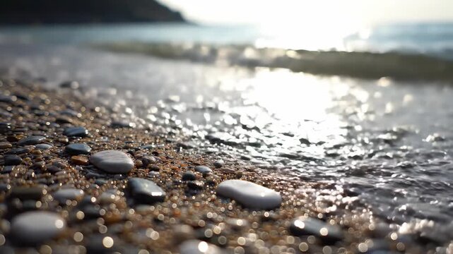 Secluded beach with glittering stones and gentle waves under bright sunlight during daytime serenity