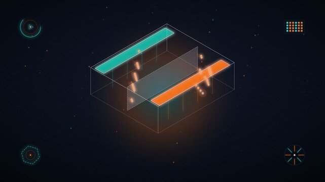 Futuristic digital interface with isometric data visualization and glowing neon elements