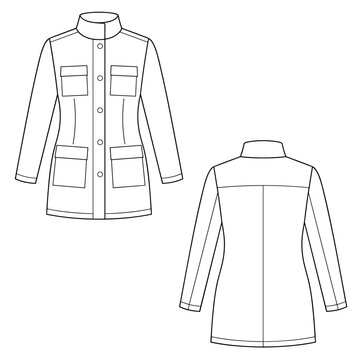 woman safari field jacket fashion design CAD technical flat drawing illustration vector line pattern clothing artwork textile sketch trend graphic hand-drawn utility