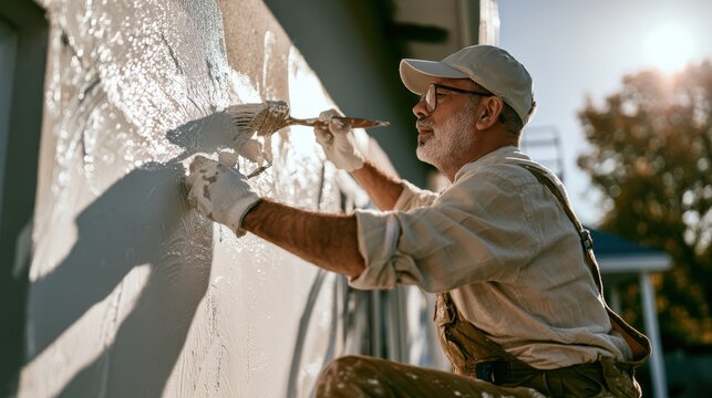 Senior man enjoys painting exterior wall with brush, sunlight shining, peaceful outdoor scene with natural surroundings and detailed textural work on surface