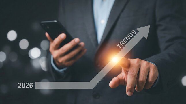 Man in a suit touching a glowing upward trending arrow graph labeled 2026 on a digital interface