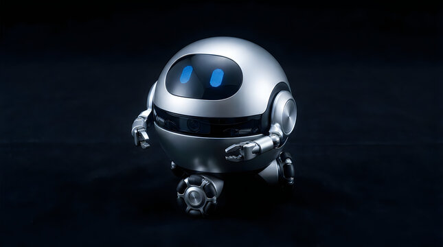 A sleek modern spherical robot with blue glowing eyes on a dark background representing artificial intelligence technology and future innovation