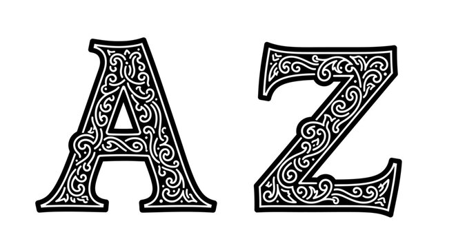 Vintage decorative capital letters a and z with ornate floral patterns