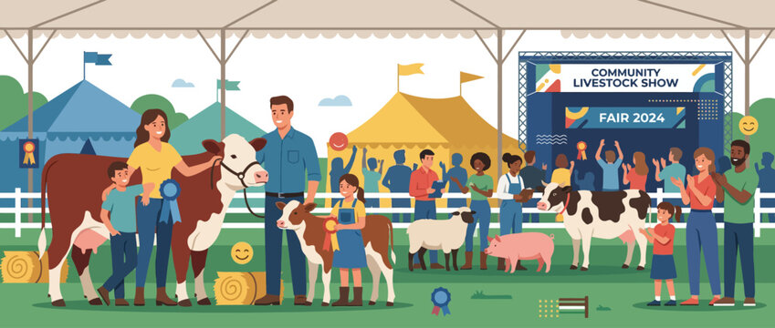 Community Livestock Show Featuring Farmers And Prize Winning Animals At A County Fair.