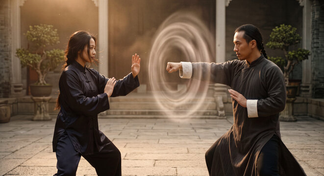 Cinematic shot of a man and woman practicing martial arts with a magical energy wave between them in a traditional Chinese courtyard