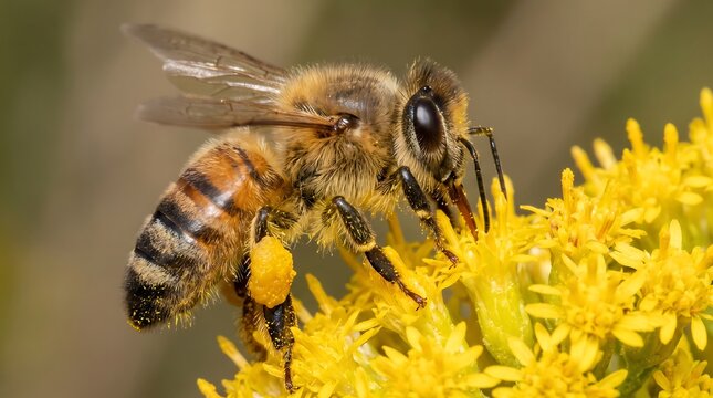 Honey bee collecting pollen on yellow wildflower, macro honeybee on blossom, pollinator insect in natural summer garden habitat