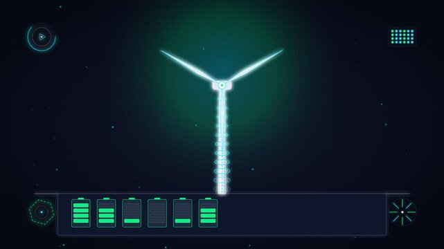 Futuristic digital interface displaying a glowing wind turbine and battery power levels for green energy concepts