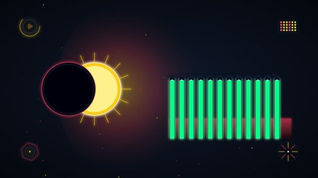 Abstract futuristic digital illustration featuring a solar eclipse and glowing neon graphs against a dark space background