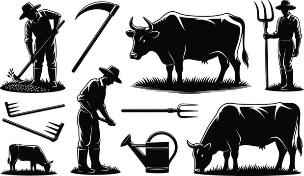 Farming agriculture silhouette icon set illustration, farmer cow rake pitchfork scythe watering can tool vector design
