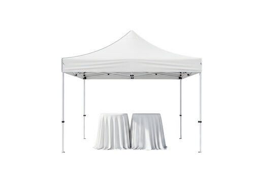 White pop up canopy tent with two covered cocktail tables isolated on transparent background