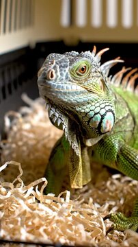 A green iguana reptile with textured scales rests in bedding while looking at the camera with an intense stare