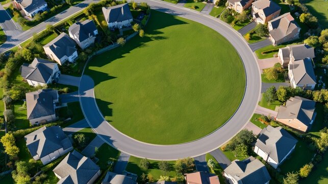 Suburban Cul de Sac with Circular Road and Green Lawn