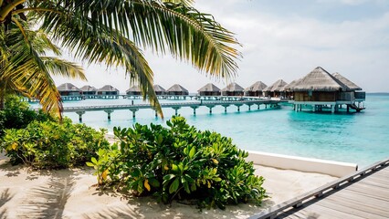 Fototapeta premium Tropical Resort Bungalows Over Turquoise Water Under Bright Sunlight
