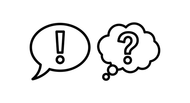 Black outline speech bubble with exclamation mark and thought cloud