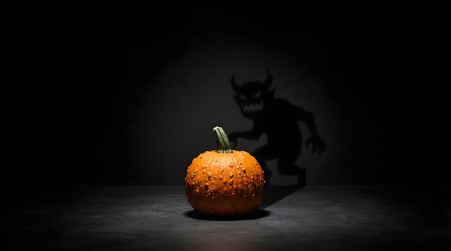 Pumpkin with spooky devil shadow on dark background