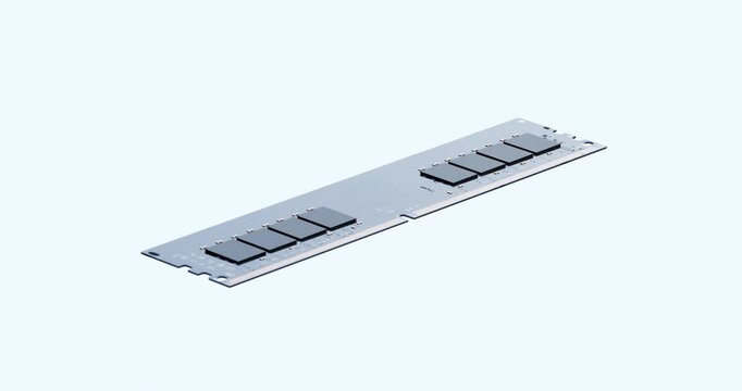 Computer ram memory module dropping and bouncing dramatically on clean white background