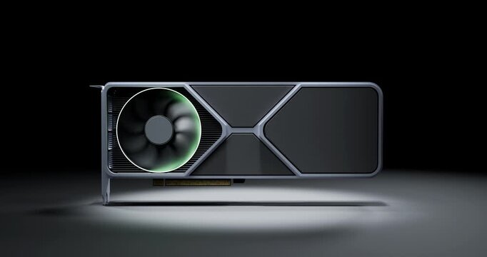 Computer graphics processing unit powering on with glowing light and fast spinning fan then stopping