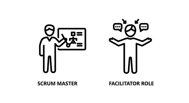 Scrum master and facilitator role management outline icons set with facilitator