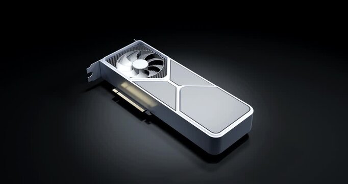 Camera tracking computer graphics processing unit with spinning fan dropping and bouncing on dark background