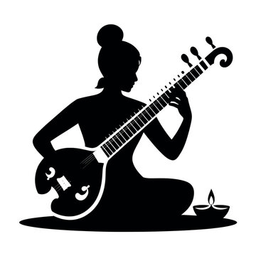 Black silhouette vector of a woman sitting cross legged playing an Indian sitar instrument next to a diya lamp