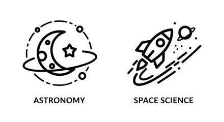 Fototapeta premium Astronomy and space science icons showing moon star and rocket ship in outline